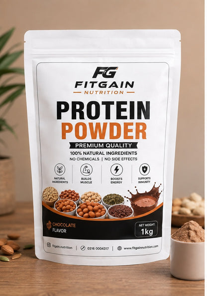 A 1kg bag of FitGain Nutrition Protein Powder in Chocolate Flavor.