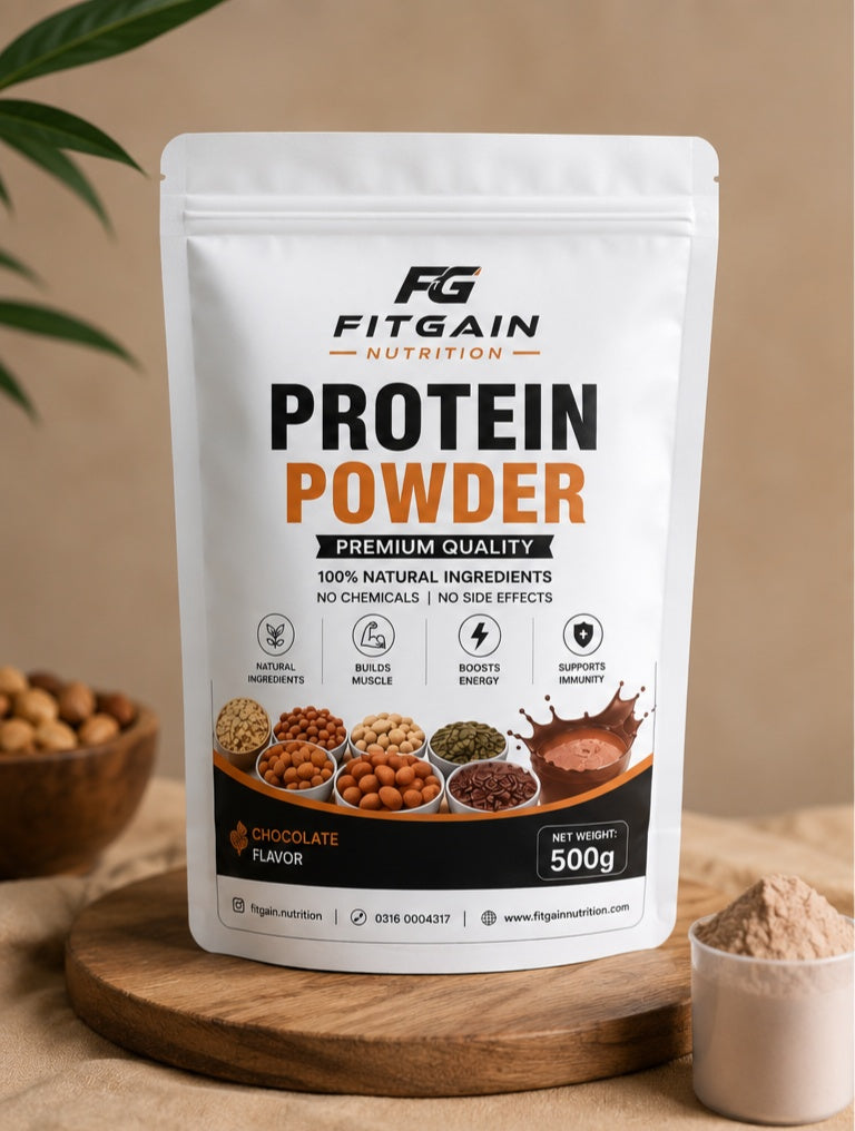 A 500g stand-up pouch of Fitgain Nutrition Protein Powder in Chocolate Flavor,