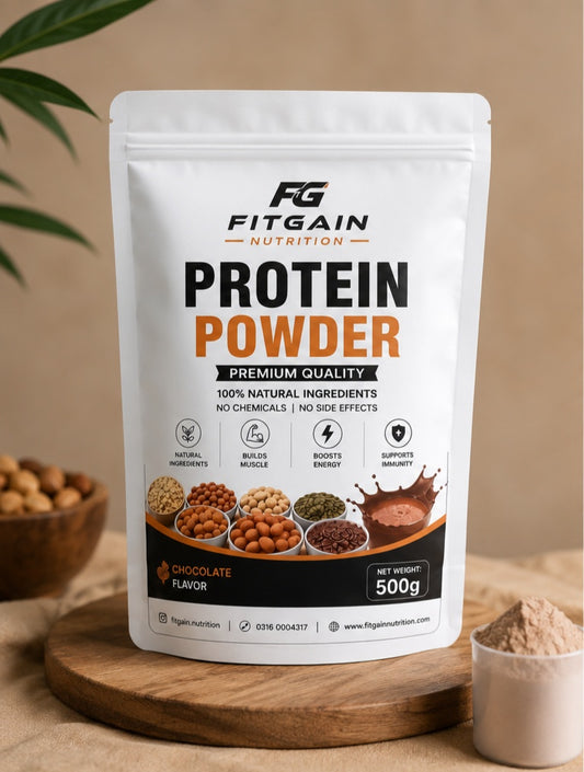 A 500g stand-up pouch of Fitgain Nutrition Protein Powder in Chocolate Flavor,